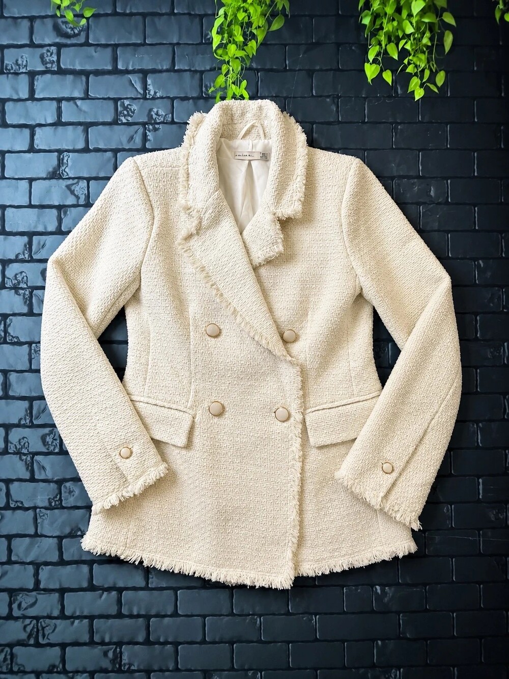 Black Tape Ivory Bouclé Tweed Double Breasted Blazer Size Small